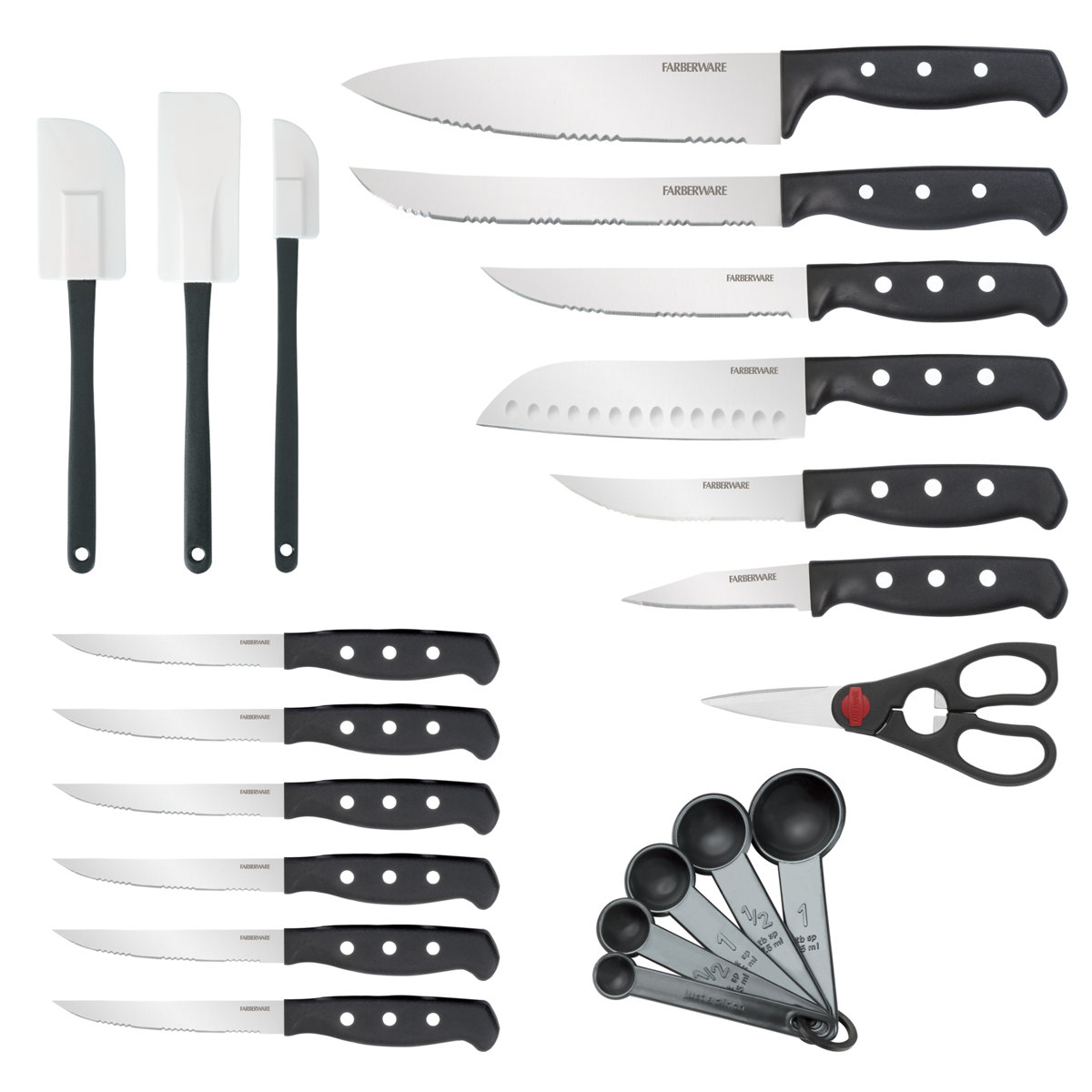 Farberware 22-Piece Never Needs Sharpening Triple Rivet Stainless Steel Knife Block and Kitchen Tool Set